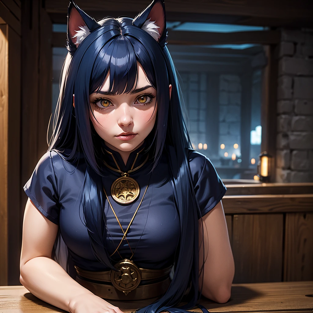 portrait, 1girl, young girl, cute girl, soft face, dark blue hair, anime hair, medium-long hair, yellow eyes, ninja, medieval, fantasy, RPG, cat ears, hidden human ears, at a medieval city, (best quality, masterpiece)