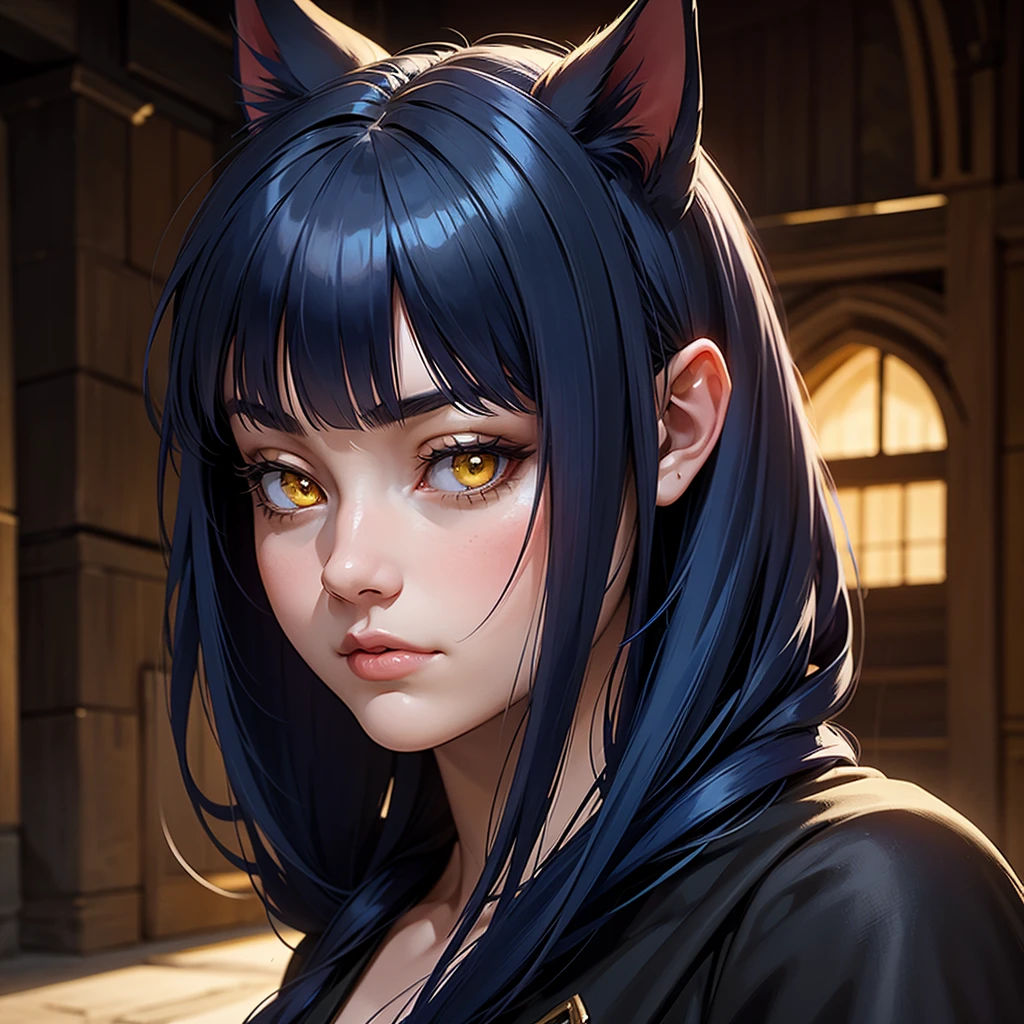 portrait, 1girl, young girl, cute girl, soft face, dark blue hair, anime hair, medium-long hair, yellow eyes, ninja, medieval, fantasy, RPG, cat ears, hidden human ears, at a medieval city, (best quality, masterpiece)