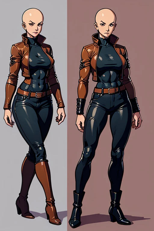 digital anime art, highly detailed, reference sheet, standing pose, feminine features, mature woman, adult female, muscular figure, six pack abs, whole body, bald, form-fitting, leather jacket, long shirt, folded sleeves, long pants, boots, 1woman, solo, upper body, lower body, ((Extremely Detailed)), ((Best Quality)), ((Masterpiece)), ((4k)).