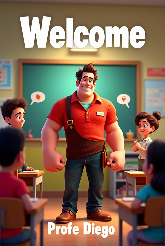 Create a Wreck-It Ralph movie cover as a happy teacher with his students behind him in a classroom. At the top it should say WELCOME and at the bottom should be the text Profe Diego in Spanish the texts with balloons around