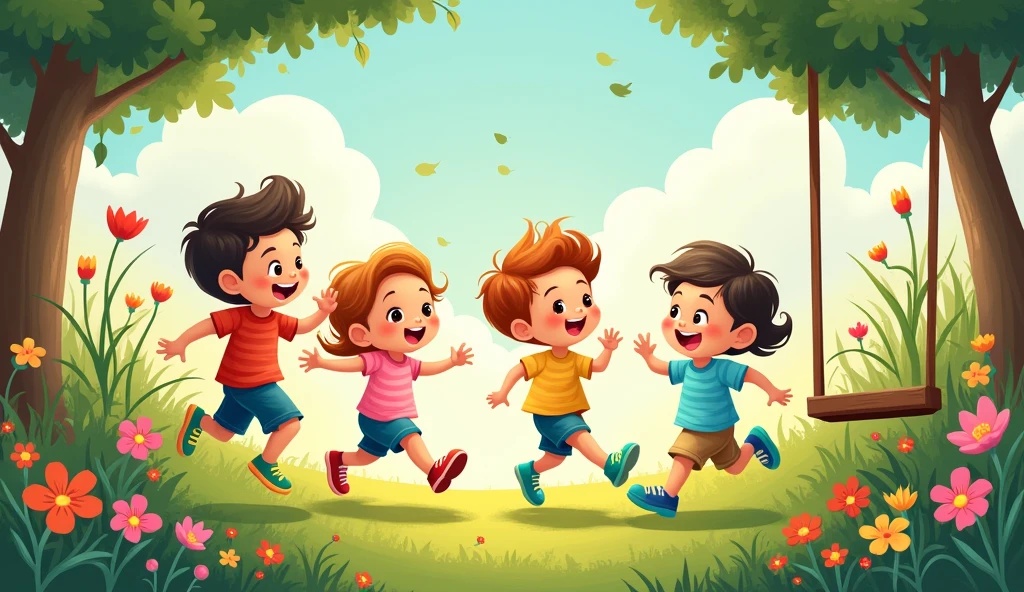 Cartoon four kids two boys two girls enjoying their day they play with flowers hide seek and swinging the swing all images together