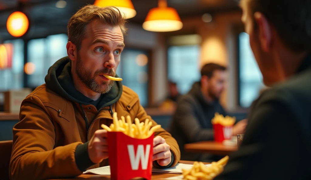 (masterpiece, best quality, 8K, ultra-detailed), (realistic, cinematic lighting), (focus on the facial expression), A highly realistic, high-contrast, 8K HD, hyper-detailed image of two people sitting on chairs in a Wack restaurant, with the "W" logo prominently displayed on the packaging. The scene captures a man eating fries, with an expression of surprise and curiosity as he looks across the table at the other person. The background is a well-lit, modern fast-food restaurant with a warm and inviting atmosphere. The man’s face is the focal point, with intricate details on his expression, capturing the moment of his reaction. The setting is clear and sharp, with emphasis on the brand's W logo, and the warm, ambient lighting enhancing the inviting nature of the scene.