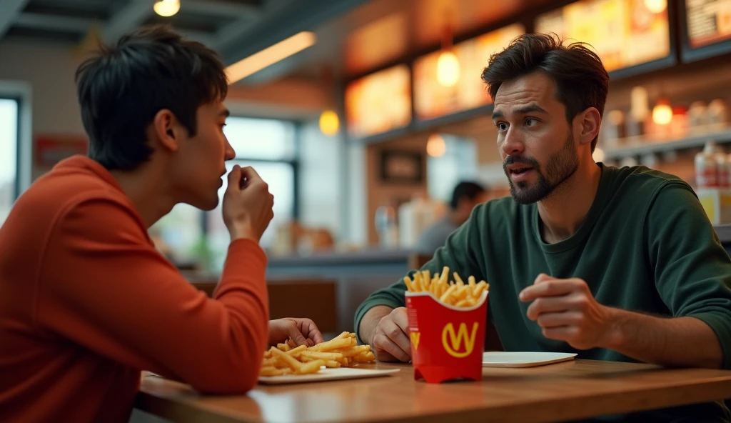 (masterpiece, best quality, 8K, ultra-detailed), (realistic, cinematic lighting), (focus on the facial expression), A highly realistic, high-contrast, 8K HD, hyper-detailed image of two people sitting on chairs in a Wack restaurant, with the "W" logo prominently displayed on the packaging. The scene captures a man eating fries, with an expression of surprise and curiosity as he looks across the table at the other person. The background is a well-lit, modern fast-food restaurant with a warm and inviting atmosphere. The man’s face is the focal point, with intricate details on his expression, capturing the moment of his reaction. The setting is clear and sharp, with emphasis on the brand's W logo, and the warm, ambient lighting enhancing the inviting nature of the scene.