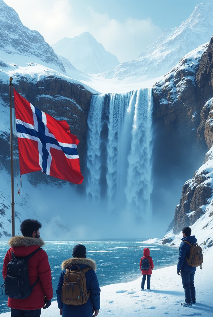 Huge Waterfall in snow in the sea.and tourists.and flag with blue,red,white nordic-cross colored and white star on the flag.not norwy flag!dont draw norway flag