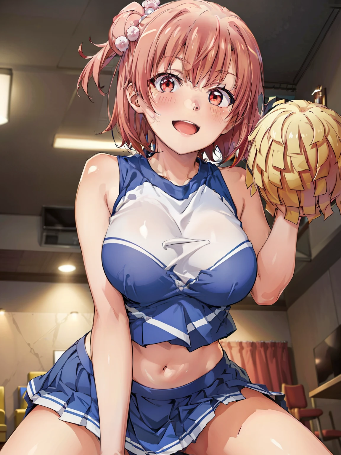 ((Highest quality, High resolution,  Perfect Pixel,  4K)),  (Beautiful Anime), Depth of written boundary、
Watching the audience, 
Perfect body, 

yuigahama yui, (Big Breasts:1.1)、 Red eyes、 short hair, Single hair bun、


(cheerleader, pom pom \(cheerleading\), pleated skirt:1.2), 

(blush:1.2)、smile、

View your viewers, From below, 
indoor、Hotel、

throw, on, Straddle, Sex,