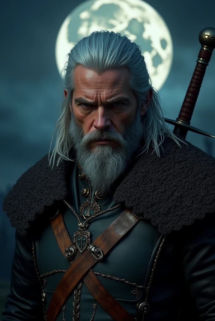 Actor Travis Fimmel (travis fimmel) Geralt of Rivia (Geralt of Rivia) Night portrait of, his face is illuminated by the full moon, He has a beard, Model shooting style (Extremely detailed CG Unity 8K), Full-frame photography of the world's most beautiful works of art, Medieval wizard armor, Greg Rutkowski's professional majestic paintings, Popular on artstation, Popular on CGsociety, complex, Very detailed, Be focused, dramatic, Midjourney's realistic paintings