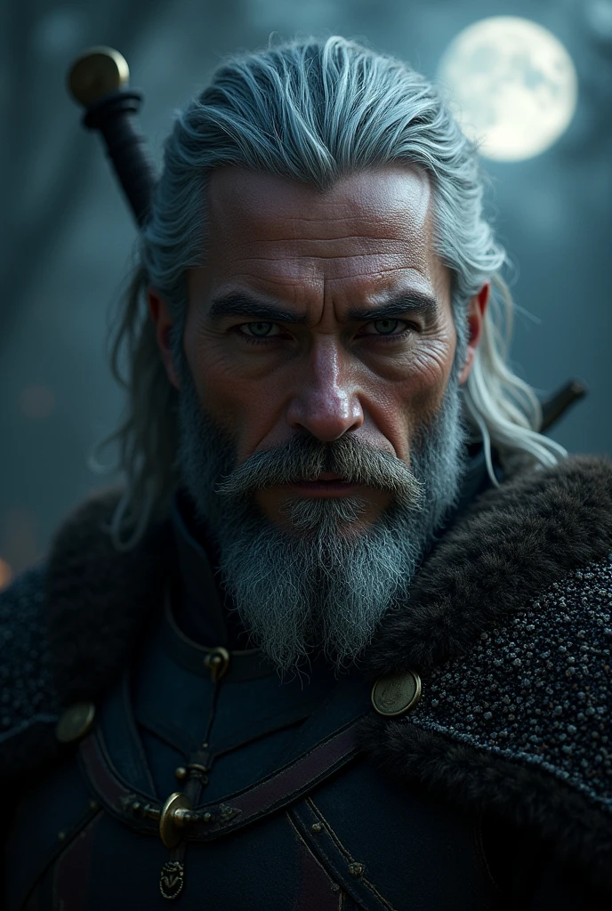 Actor Travis Fimmel (travis fimmel) Geralt of Rivia (Geralt of Rivia) Night portrait of, his face is illuminated by the full moon, He has a beard, Model shooting style (Extremely detailed CG Unity 8K), Full-frame photography of the world's most beautiful works of art, Medieval wizard armor, Greg Rutkowski's professional majestic paintings, Popular on artstation, Popular on CGsociety, complex, Very detailed, Be focused, dramatic, Midjourney's realistic paintings