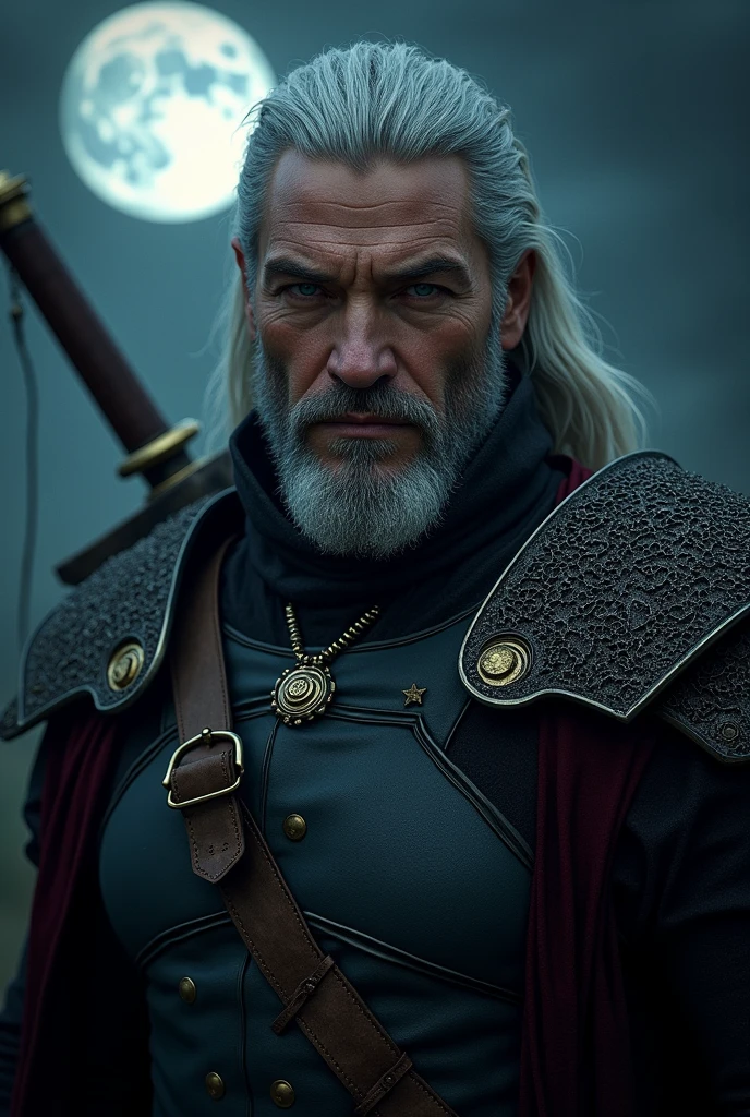 Actor Travis Fimmel (travis fimmel) Geralt of Rivia (Geralt of Rivia) Night portrait of, his face is illuminated by the full moon, He has a beard, Model shooting style (Extremely detailed CG Unity 8K), Full-frame photography of the world's most beautiful works of art, Medieval wizard armor, Greg Rutkowski's professional majestic paintings, Popular on artstation, Popular on CGsociety, complex, Very detailed, Be focused, dramatic, Midjourney's realistic paintings