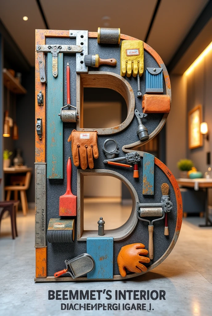 A huge letter B tilted made out of "house building materials like brush,ruller,Pencil, Roller, safty golves,Googl eye glass",background inside view of well designed house with" ceiling ,lights ,designed walls,tables, sofas and table, write boldly "Beemnet's interior Design..." at the bottom