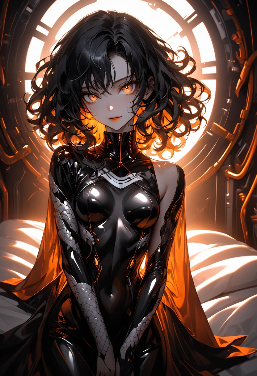 atmosfera sombria sexy In a futuristic space station bedroom, Goku sexy face meiga Sensual curly moicano repicado hair cascading over shoulders, white serpent eyes sparkling with longing, quase nua e transparente tapa sex com um véu envergonhada figure partially veiled by a gleaming black Orange PVC bedsheet, gaze locked onto the camera lens, chiaroscuro effect, soft ambient lighting casting subtle highlights and shadows on the curves and fabric, creating an intimate yet tasteful portrayal, digital painting, high contrast, dynamic composition, octane rendering.