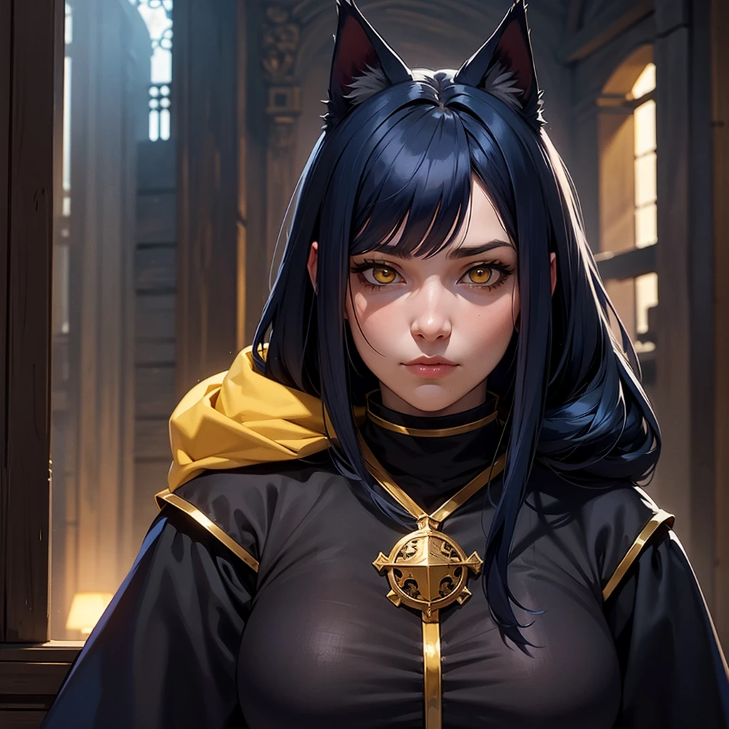 portrait, 1girl, young girl, cute girl, soft face, dark blue hair, anime hair, medium-long hair, yellow eyes, ninja, medieval, fantasy, RPG, cat ears, hidden human ears, at a medieval city, (best quality, masterpiece)