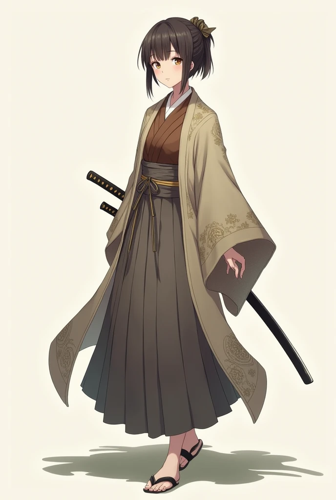 An anime character, wearing a traditional training kimono, with a stylish and ornate overcoat or haori or cape, thrown over the shoulders, without arms in sleeves. The character must have a single katana in the sheath, belt grip, without any other visible weapon. The focus should be on the elegance and simplicity of the outfit., highlighting the detailed design of the kimono and cape.