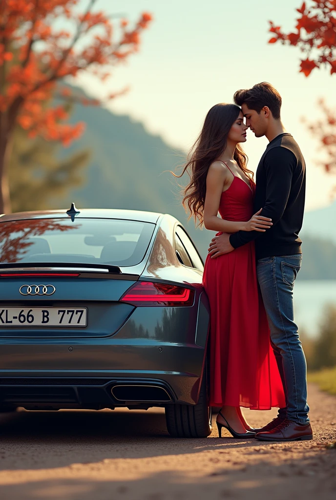 A girl with boy friend and audi tt that car number is KL 66 B 777 that boy with black full sleeve shirt and blue jeans. girl with red frok and long hair 