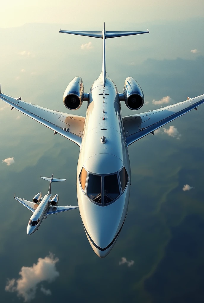 Create an gigantic private jet next to a tiny one in the air