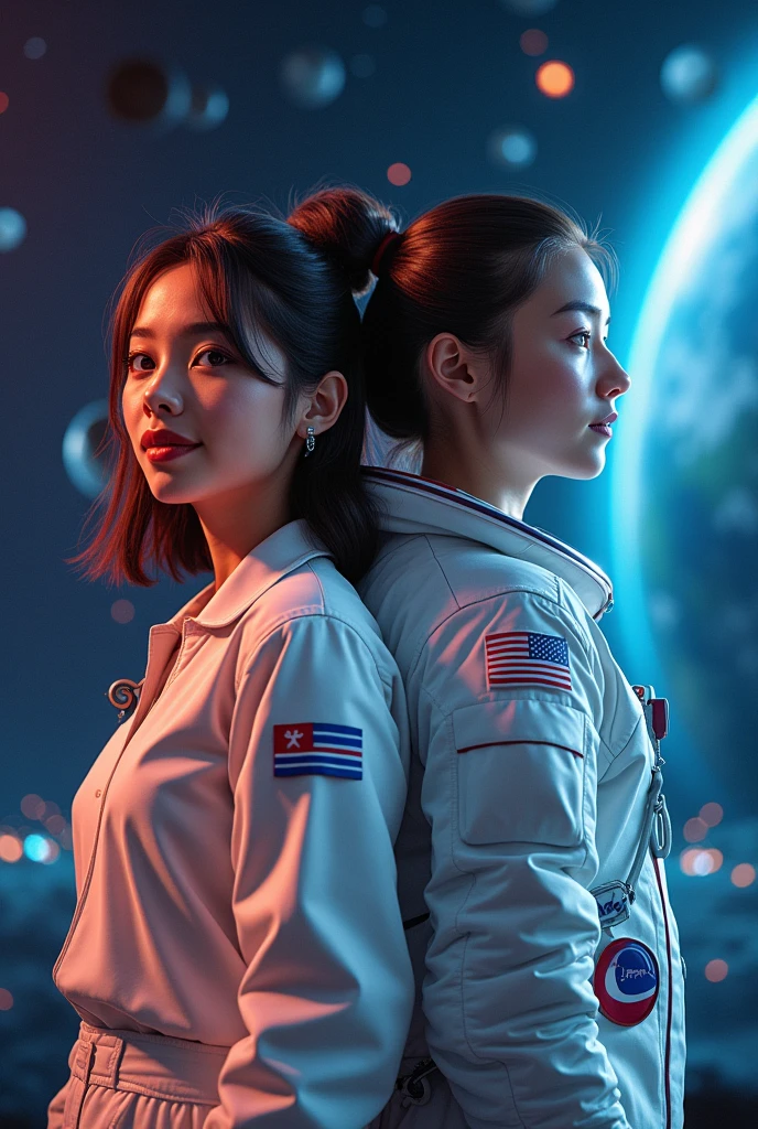 Creat a programmer and astronaut, programmer very good person and his age is 21 and astronaut she is a good person too her age 23 and both professional and ther in love make it cool decent and make it front look in this image 