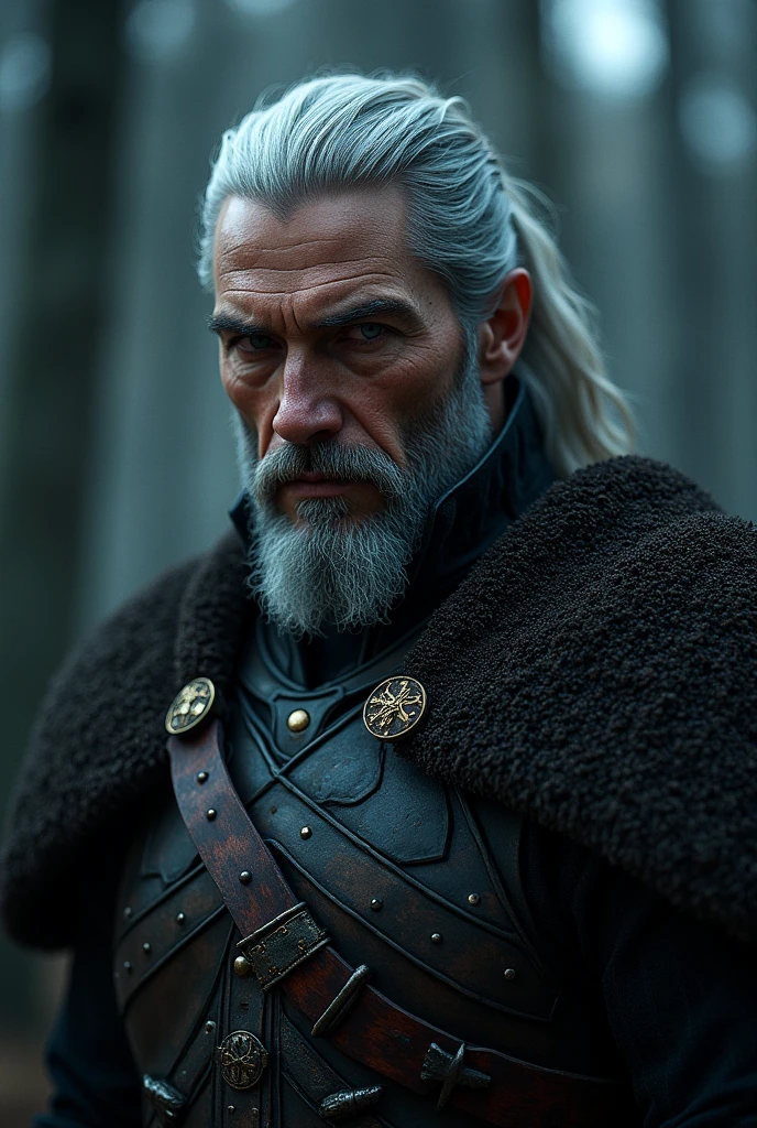 Actor Travis Fimmel (travis fimmel) Geralt of Rivia (Geralt of Rivia) Night portrait of, his face is illuminated by the full moon, He has a beard, Model shooting style (Extremely detailed CG Unity 8K), Full-frame photography of the world's most beautiful works of art, Medieval wizard armor, Greg Rutkowski's professional majestic paintings, Popular on artstation, Popular on CGsociety, complex, Very detailed, Be focused, dramatic, Midjourney's realistic paintings