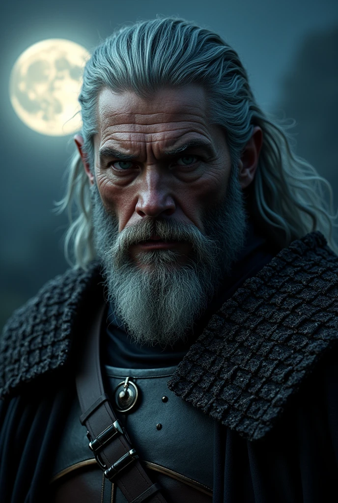 Actor Travis Fimmel (travis fimmel) Geralt of Rivia (Geralt of Rivia) Night portrait of, his face is illuminated by the full moon, He has a beard, Model shooting style (Extremely detailed CG Unity 8K), Full-frame photography of the world's most beautiful works of art, Medieval wizard armor, Greg Rutkowski's professional majestic paintings, Popular on artstation, Popular on CGsociety, complex, Very detailed, Be focused, dramatic, Midjourney's realistic paintings