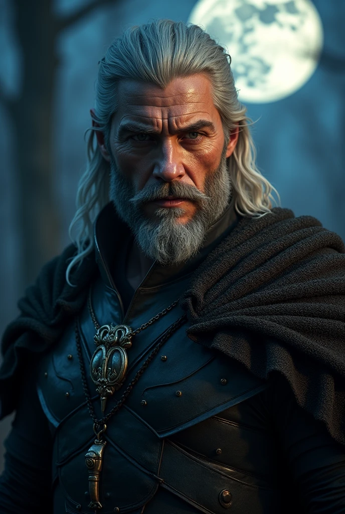 Actor Travis Fimmel (travis fimmel) Geralt of Rivia (Geralt of Rivia) Night portrait of, his face is illuminated by the full moon, He has a beard, Model shooting style (Extremely detailed CG Unity 8K), Full-frame photography of the world's most beautiful works of art, Medieval wizard armor, Greg Rutkowski's professional majestic paintings, Popular on artstation, Popular on CGsociety, complex, Very detailed, Be focused, dramatic, Midjourney's realistic paintings