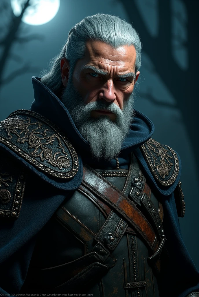 Actor Travis Fimmel (travis fimmel) Geralt of Rivia (Geralt of Rivia) Night portrait of, his face is illuminated by the full moon, He has a beard, Model shooting style (Extremely detailed CG Unity 8K), Full-frame photography of the world's most beautiful works of art, Medieval wizard armor, Greg Rutkowski's professional majestic paintings, Popular on artstation, Popular on CGsociety, complex, Very detailed, Be focused, dramatic, Midjourney's realistic paintings