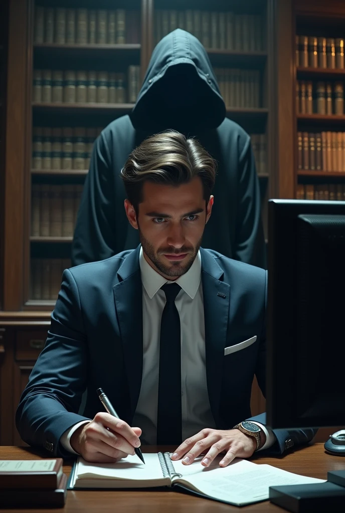 Create an image of a lawyer man sitting in front of a computer and in the background or behind him a black figure or a man in a black sweatshirt and hooded without his face being seen. 