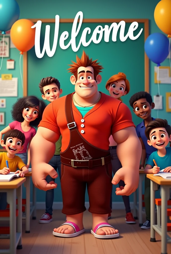 Create a Wreck-It Ralph movie cover as a happy teacher with balloons around with his students behind him in a classroom. At the top it should say WELCOME and at the bottom should be the text Profe Diego in Spanish the texts 
