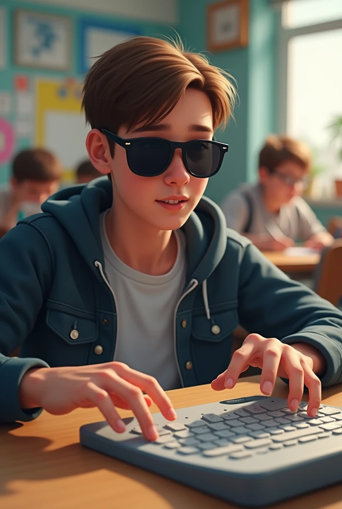 a blind teenager wearing sunglasses at school showing a keyboard whose keys are in braille