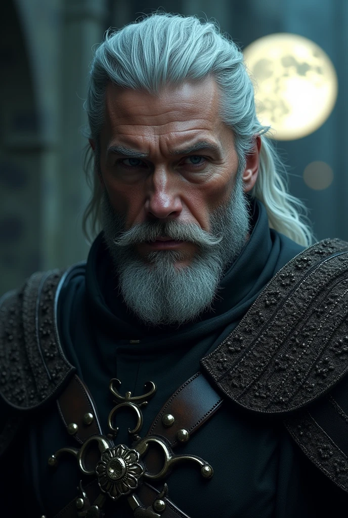 Actor Travis Fimmel (travis fimmel) Geralt of Rivia (Geralt of Rivia) Night portrait of, his face is illuminated by the full moon, He has a beard, Model shooting style (Extremely detailed CG Unity 8K), Full-frame photography of the world's most beautiful works of art, Medieval wizard armor, Greg Rutkowski's professional majestic paintings, Popular on artstation, Popular on CGsociety, complex, Very detailed, Be focused, dramatic, Midjourney's realistic paintings