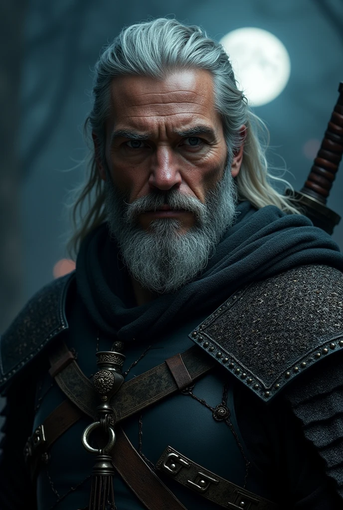 Actor Travis Fimmel (travis fimmel) Geralt of Rivia (Geralt of Rivia) Night portrait of, his face is illuminated by the full moon, He has a beard, Model shooting style (Extremely detailed CG Unity 8K), Full-frame photography of the world&#39;s most beautiful works of art, Medieval wizard armor, Greg Rutkowski&#39;s professional majestic paintings, Popular on artstation, Popular on CGsociety, complex, Very detailed, Be focused, dramatic, Midjourney&#39;s realistic paintings
