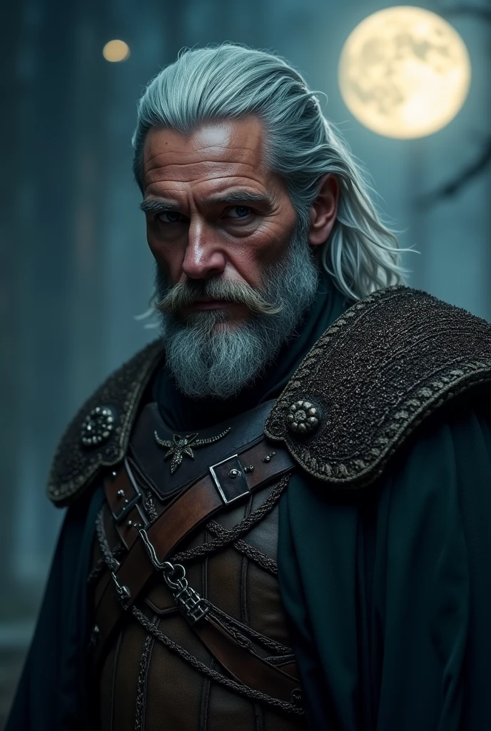 Actor Travis Fimmel (travis fimmel) Geralt of Rivia (Geralt of Rivia) Night portrait of, his face is illuminated by the full moon, He has a beard, Model shooting style (Extremely detailed CG Unity 8K), Full-frame photography of the world's most beautiful works of art, Medieval wizard armor, Greg Rutkowski's professional majestic paintings, Popular on artstation, Popular on CGsociety, complex, Very detailed, Be focused, dramatic, Midjourney's realistic paintings