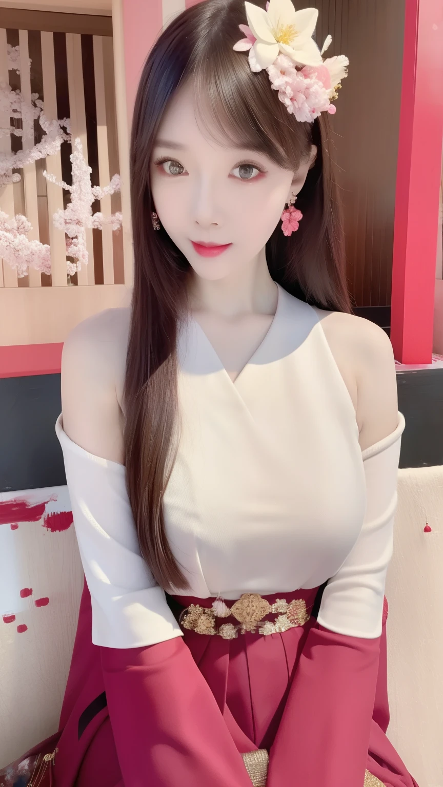 1girl, (ulzzang-6500:0.7), kpop idol, yae miko, detached sleeves, bare shoulders, pink hair, long hair, japanese clothes, best quality, (painting:1.5), (hair ornament:1.35), jewelry, purple eyes, earrings, breasts, torii,  cherry blossoms,  lantern light, depth of field, detailed face, face focus, ribbon_trim, (looking at viewer:1.25), nontraditional miko, shiny skin, long sleeves, smile, thick lips, game cg, hands on lips, east asian architecture, (blurry background:1.2), sitting, upper body,