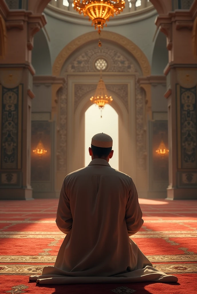 A Muslim man bows his head in a mosque