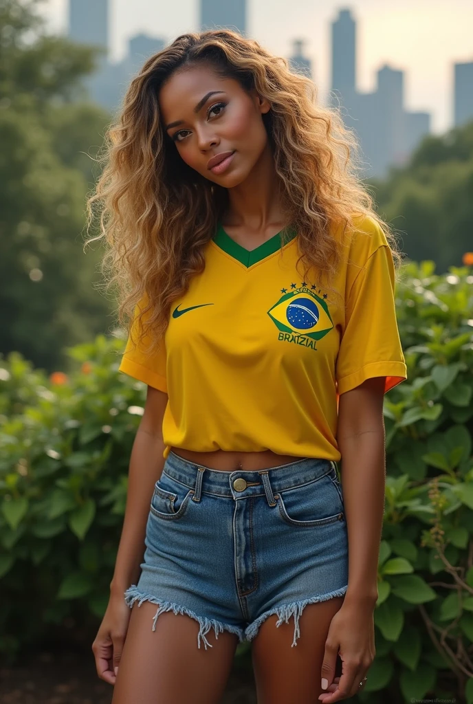 realistic photo, singer beyoncé, detailed face and body, naturallight, high resolution, photorealista, (high resolution,work of art:1.2), with a Brazilian soccer team shirt and blue denim shorts; Curitiba city background, botanical garden