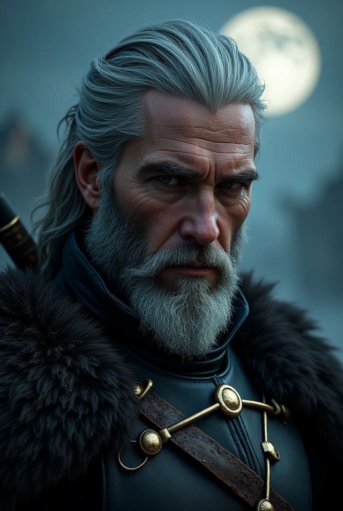 Actor Travis Fimmel (travis fimmel) Geralt of Rivia (Geralt of Rivia) Night portrait of, his face is illuminated by the full moon, He has a beard, Model shooting style (Extremely detailed CG Unity 8K), Full-frame photography of the world's most beautiful works of art, Medieval wizard armor, Greg Rutkowski's professional majestic paintings, Popular on artstation, Popular on CGsociety, complex, Very detailed, Be focused, dramatic, Midjourney's realistic paintings