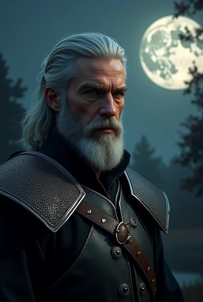 Actor Travis Fimmel (travis fimmel) Geralt of Rivia (Geralt of Rivia) Night portrait of, his face is illuminated by the full moon, He has a beard, Model shooting style (Extremely detailed CG Unity 8K), Full-frame photography of the world's most beautiful works of art, Medieval wizard armor, Greg Rutkowski's professional majestic paintings, Popular on artstation, Popular on CGsociety, complex, Very detailed, Be focused, dramatic, Midjourney's realistic paintings