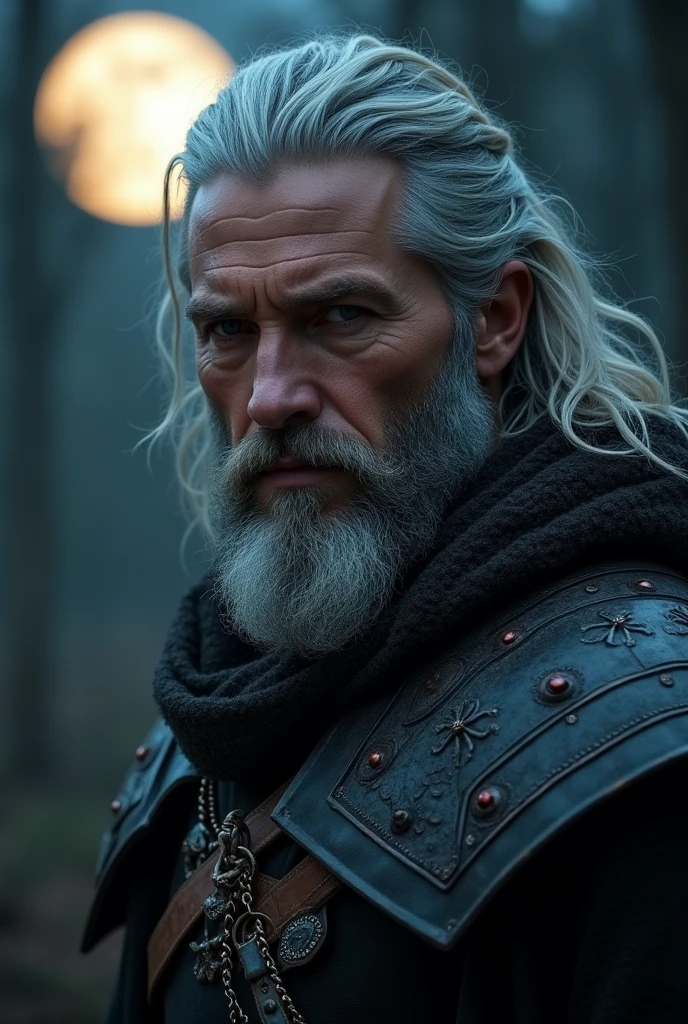 Actor Travis Fimmel (travis fimmel) Geralt of Rivia (Geralt of Rivia) Night portrait of, his face is illuminated by the full moon, He has a beard, Model shooting style (Extremely detailed CG Unity 8K), Full-frame photography of the world's most beautiful works of art, Medieval wizard armor, Greg Rutkowski's professional majestic paintings, Popular on artstation, Popular on CGsociety, complex, Very detailed, Be focused, dramatic, Midjourney's realistic paintings