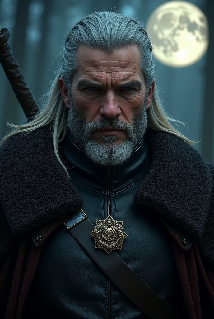Actor Travis Fimmel (travis fimmel) Geralt of Rivia (Geralt of Rivia) Night portrait of, his face is illuminated by the full moon, He has a beard, Model shooting style (Extremely detailed CG Unity 8K), Full-frame photography of the world&#39;s most beautiful works of art, Medieval wizard armor, Greg Rutkowski&#39;s professional majestic paintings, Popular on artstation, Popular on CGsociety, complex, Very detailed, Be focused, dramatic, Midjourney&#39;s realistic paintings