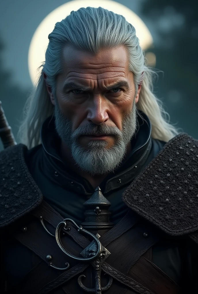 Actor Travis Fimmel (travis fimmel) Geralt of Rivia (Geralt of Rivia) Night portrait of, his face is illuminated by the full moon, He has a beard, Model shooting style (Extremely detailed CG Unity 8K), Full-frame photography of the world&#39;s most beautiful works of art, Medieval wizard armor, Greg Rutkowski&#39;s professional majestic paintings, Popular on artstation, Popular on CGsociety, complex, Very detailed, Be focused, dramatic, Midjourney&#39;s realistic paintings