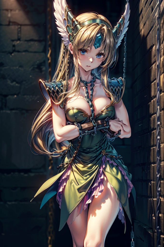 (masterpiece, Highest quality:1.2), Cowboy Shot, alone, one person, Riesz,  View your viewers,, Long hair tied low, Winged Helmet,green dress, armor, shoulder armor, Bridal Gauntlet, Cleavage,(In a prison with iron bars:1.4),(The whole body is restrained with chains:1.8),(Body Crucified:1.4)