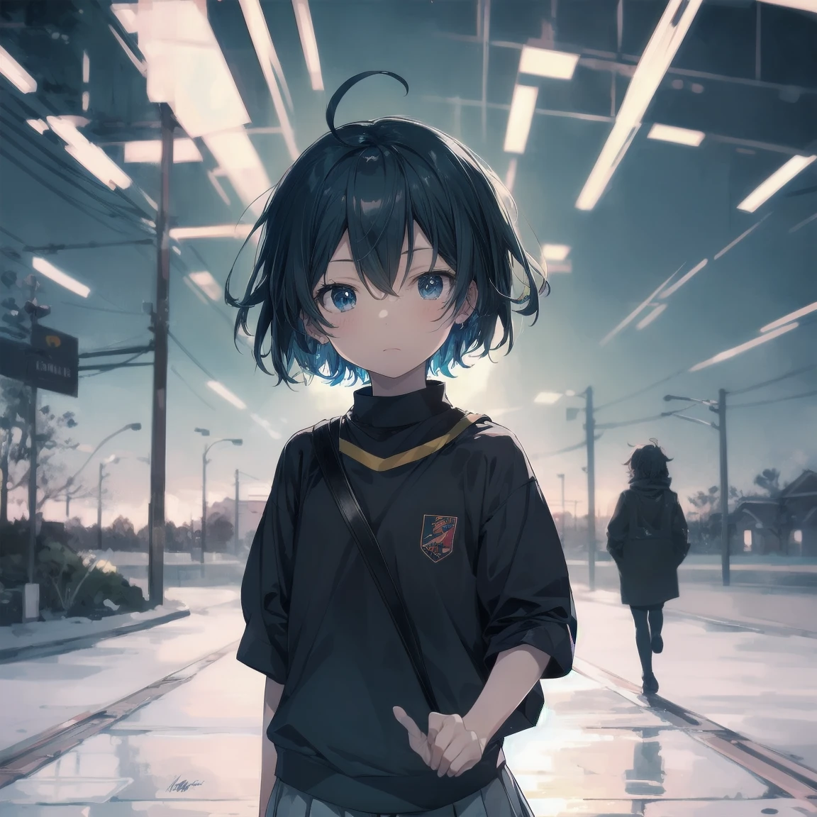 Super high quality by the art god, Very detailed, High resolution, Kantai Collection Style, Anime Moe Art Style, best anime 8k konachan wallpaper, pixiv Contest Winner, Perfect Anatomy, break,(Please draw a girl walking sleepily to school.. ),break, One person, (alone,,child,:1.3),Middle school students, The charm of androgyny, (Very short hair), Messy Hair, Ahoge, Complete limbs, Full Finger, Flat Chest, Small Ass, between legs, Small eyes,Beautiful and exquisite black eyes, Well-proportioned iris and pupil, Disgusted Eyes, Upward glance, school uniform, skirt, School zone. break,Very detailed肌, professional anime lighting, 8k, figure,