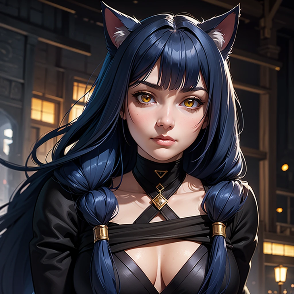 portrait, 1girl, young girl, cute girl, soft face, dark blue hair, anime hair, medium-long hair, yellow eyes, ninja, medieval, fantasy, RPG, cat ears, hidden human ears, at a medieval city, (best quality, masterpiece)