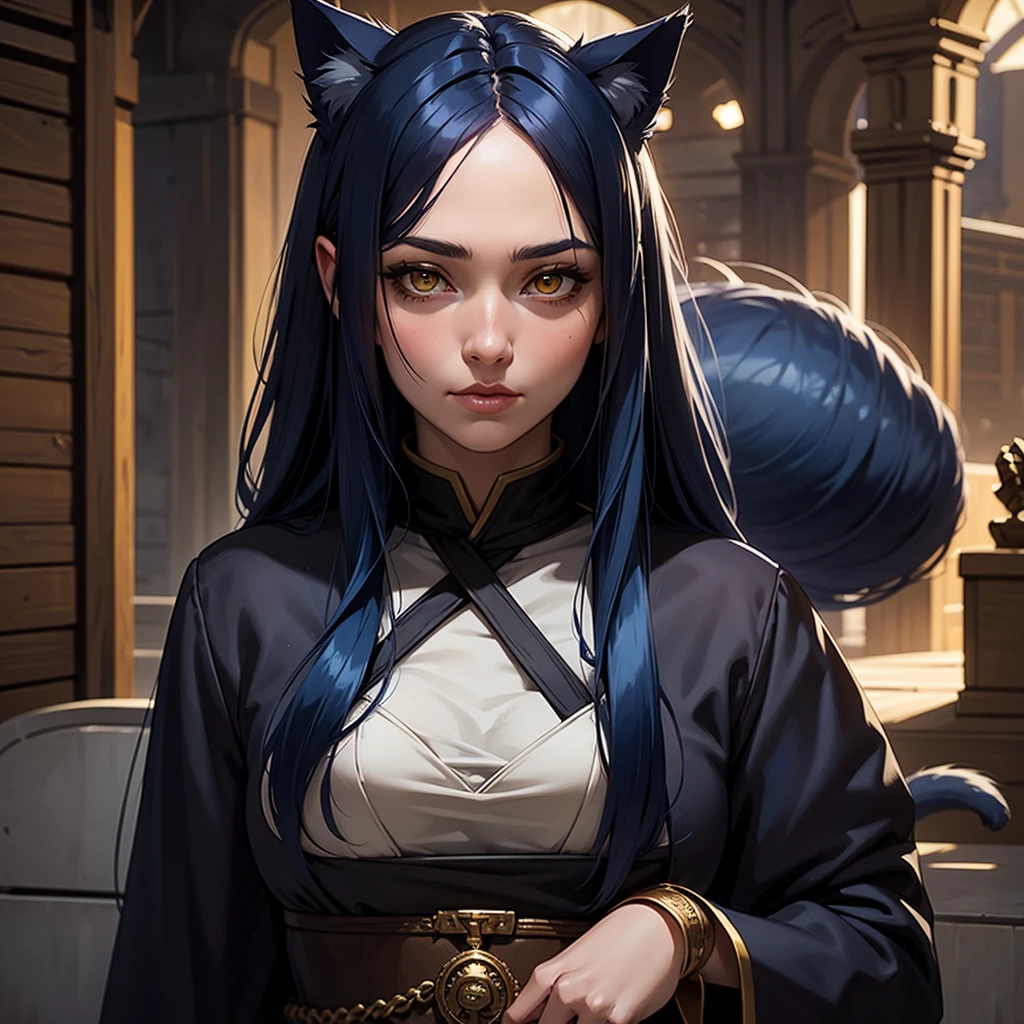 portrait, 1girl, young girl, cute girl, soft face, dark blue hair, anime hair, medium-long hair, yellow eyes, ninja, medieval, fantasy, RPG, cat ears, hidden human ears, at a medieval city, (best quality, masterpiece)
