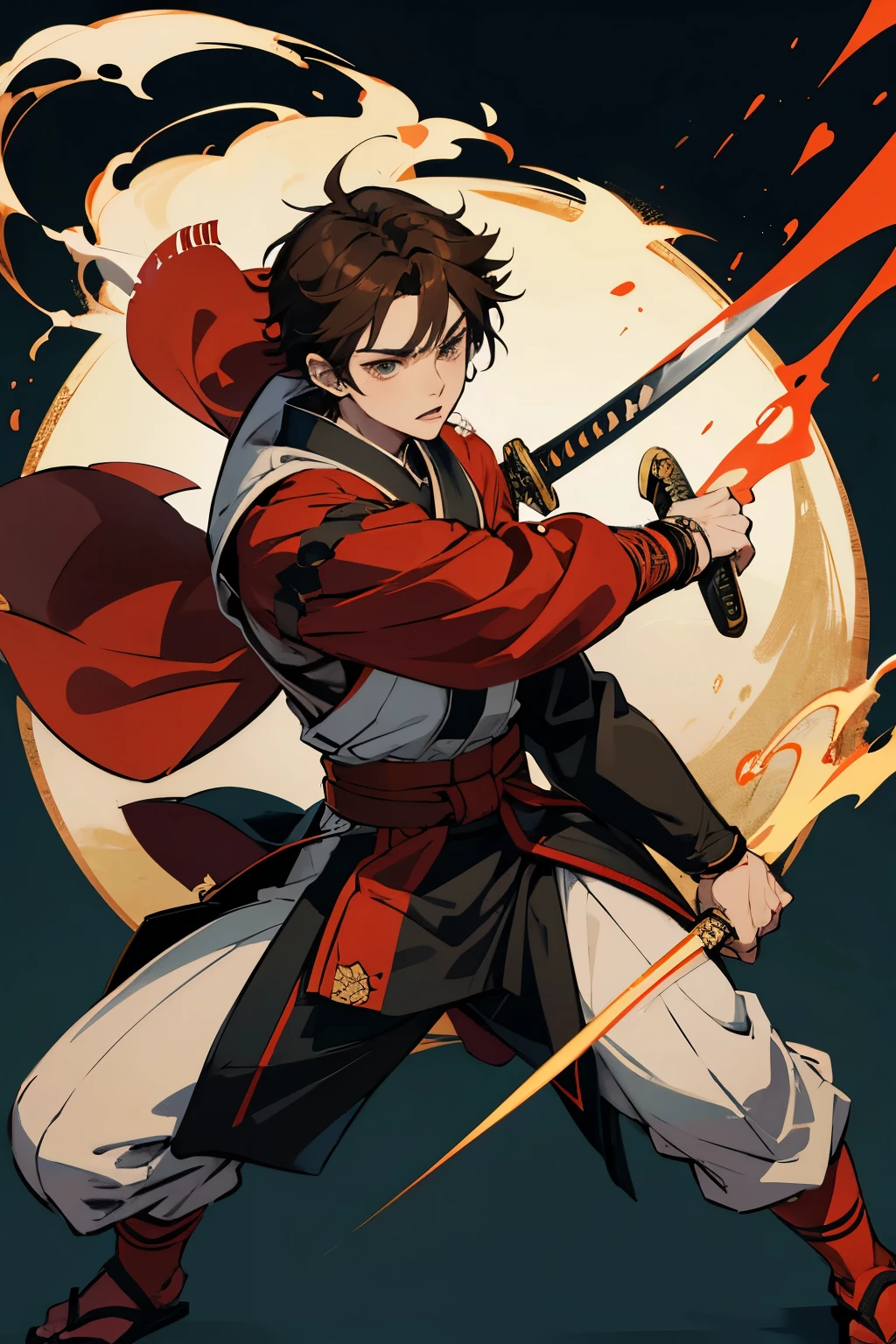 Anime boy, he holds a katana in each hand, anime boy with messy brown hair, he wears something similar to a technological Japanese kimono, character is young and in a combat stance, character in a dynamic pose, character in a combat stance, character fighting with swords, full body character