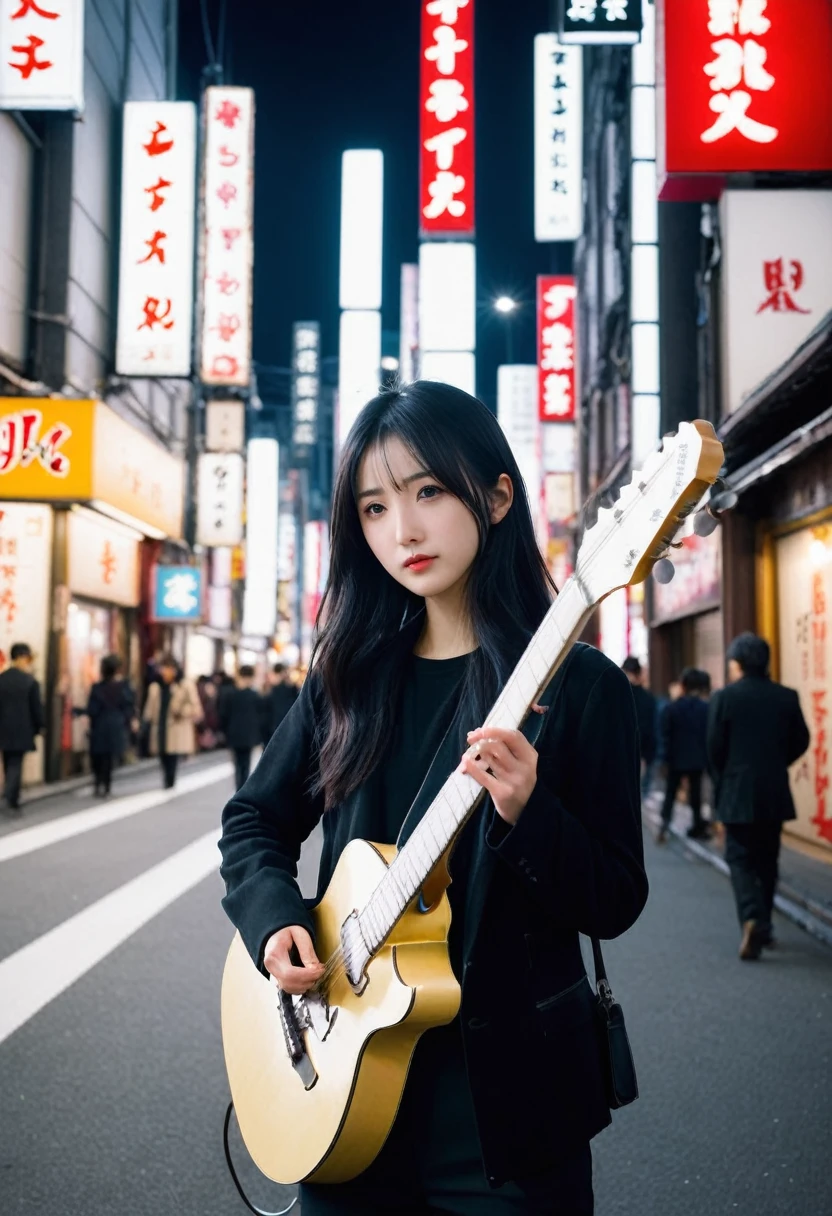 1girl, solo, Japanese、No glasses、No glasses、Dark Eyes、Long black hair、長い black hair, Center parted long hair, Velvet clothes、Wearing  trousers、Holding a white guitar、I&#39;m walking, looking up at the building、
kabukicho1, scenery, city, building, night, cityscape, outdoors, sign, Kabukicho at night、Night view、 neon lights, city lights, 