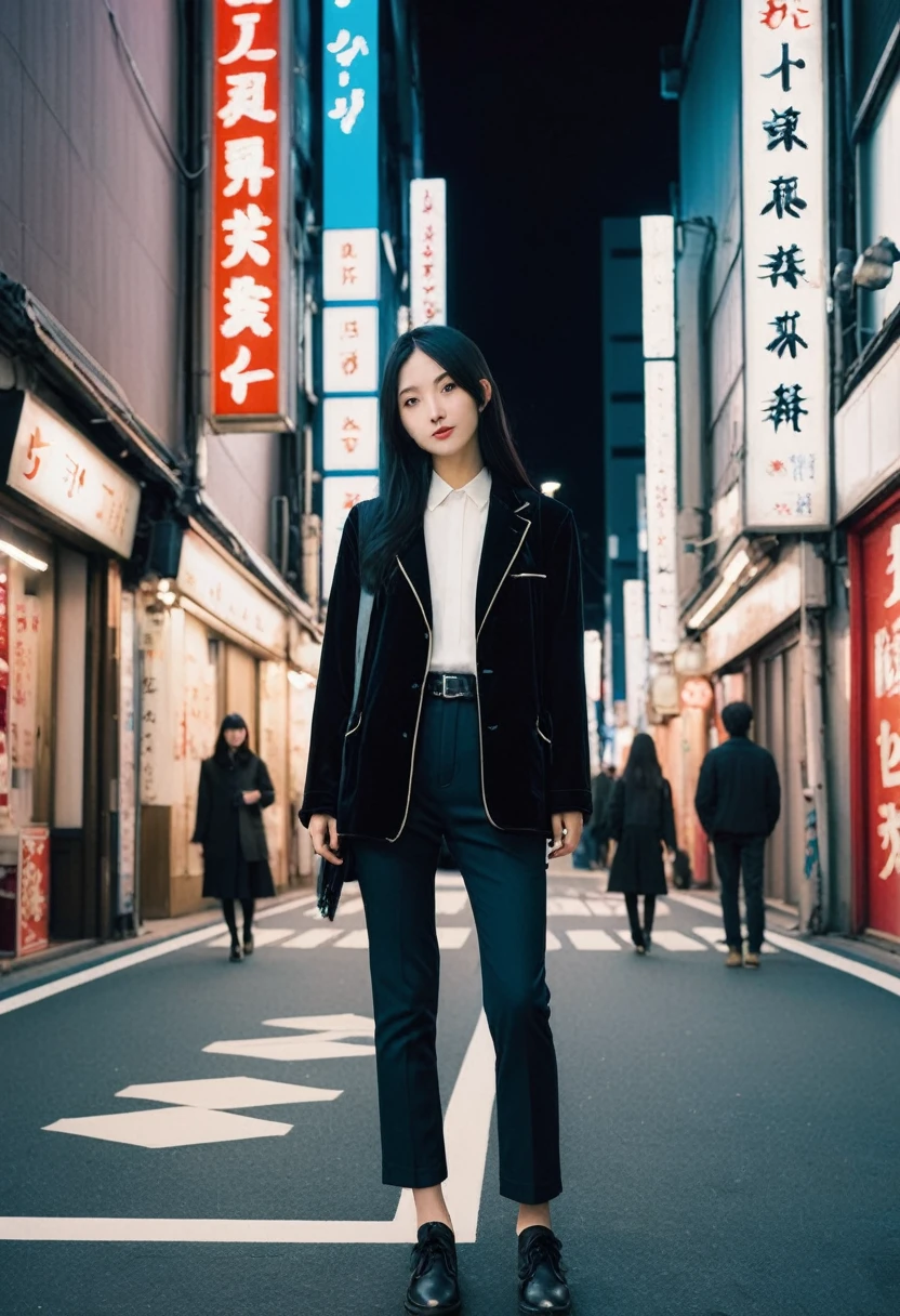 1girl, solo, Japanese、No glasses、No glasses、Dark Eyes、Long black hair、長い black hair, Center parted long hair, Velvet clothes、Wearing trousers、Holding a white guitar、I'm walking, looking up at the building、
kabukicho1, scenery, city, building, night, cityscape, outdoors, sign, Kabukicho at night、Night view、 neon lights, city lights,