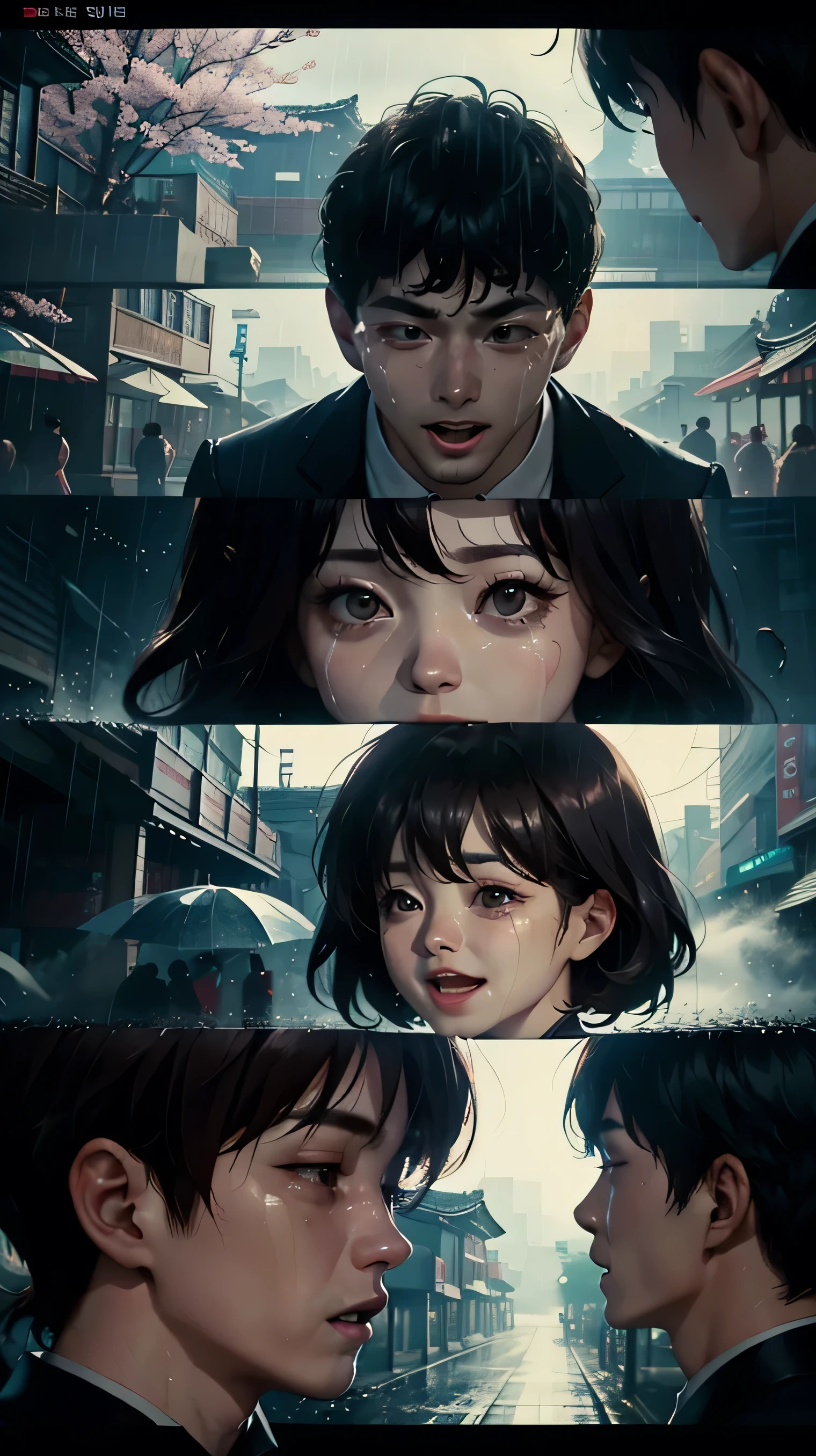 young beautiful man and woman crying and laughing together, in Korea, raining, Sakura, 4k, love. details , wide angle, full body, beautiful faces,