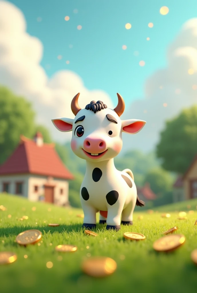 In Cinematic 3d cartoon style"creat a magical cow(colour of cow white with black spots),cow stand on grass field,on the floor of field some golden coins scattered,in morning, some Houses in the background image looking from clouds, size of cow is very small as compared to houses.