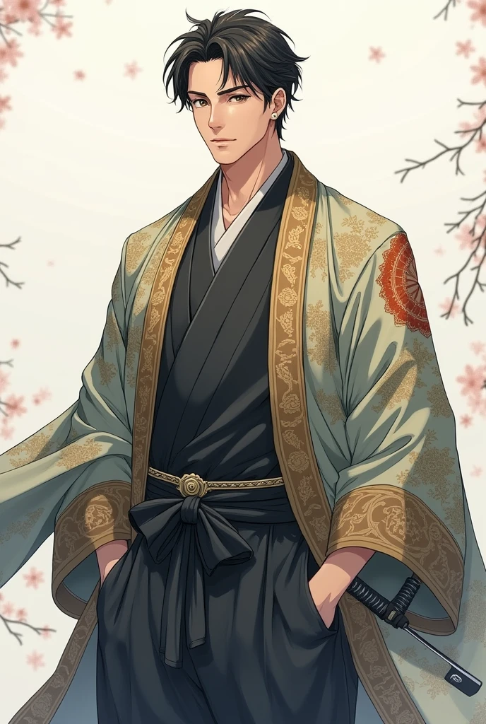 Um personagem masculino de anime, wearing a traditional training kimono, with a stylish and ornate overcoat or haori or cape, thrown over the shoulders, without arms in sleeves. The character must have a single katana in the sheath, belt grip, without any other visible weapon. The focus should be on the elegance and simplicity of the outfit., highlighting the detailed design of the kimono and cape.