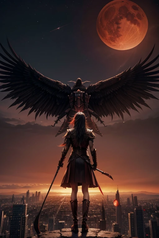 1 girl, valkyrie, scythe weapon, red clothes, blood moon, city landscape, flying monsters, panoramic view, night time, red sky, monster creatures, 