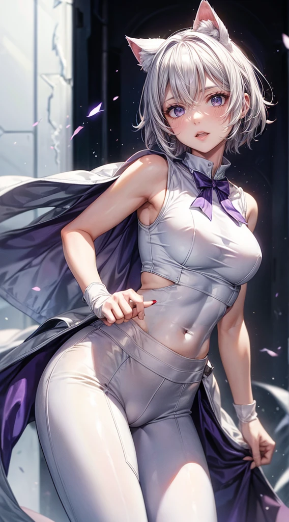 Adult woman, short white hair, cat ears, violet eyes, White superhero uniform, Sleeveless, open belly, t shirt, breeches, claws, anger, Masterpiece, hiquality