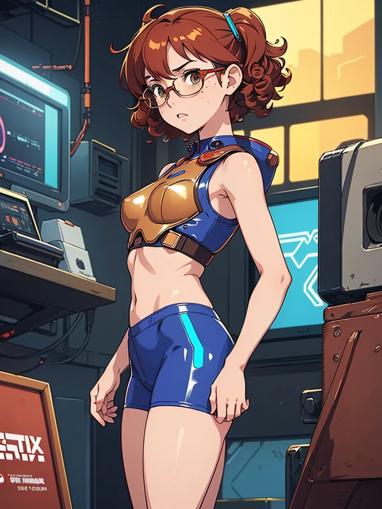 (masterpiece), (best quality), (1 girl),adult, red copper hair,((brown eyes)),curly hair, (short curly hair), anime style, freckles, (small breasts),(petite figure), (blue outfit),(cyberpunk clothes)),legs, desert background, (gold glasses)